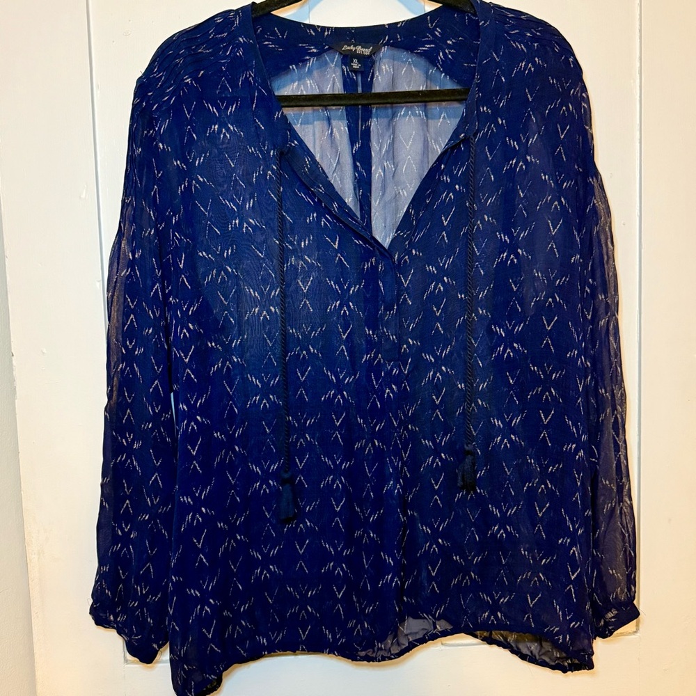 Lucky Brand Navy Sheer V- Neck Blouse - XL